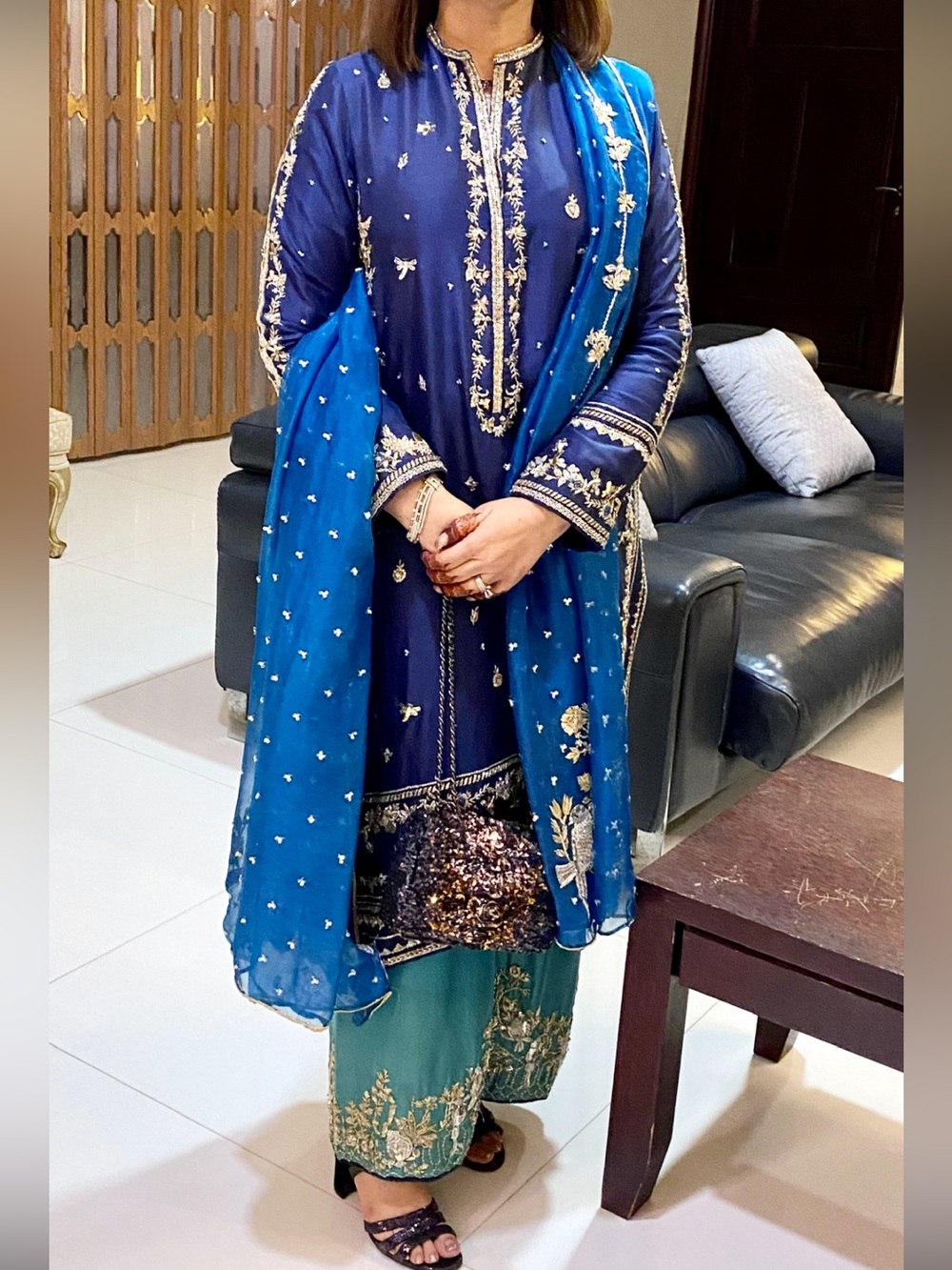Elegant Navy Blue Long Sleeve Embroidered Women's Dress with Dupatta